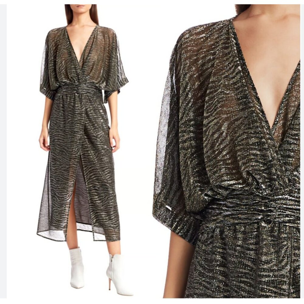 IRO 2 Volsun DISCO Metallic Midi Dress $425 Sheer Zebra Wrap Sparkly Glitter 34